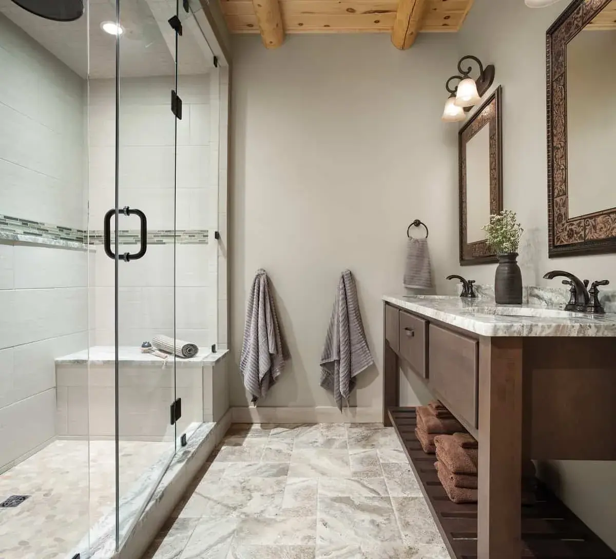 Master bath with double vanity and walk in shower
