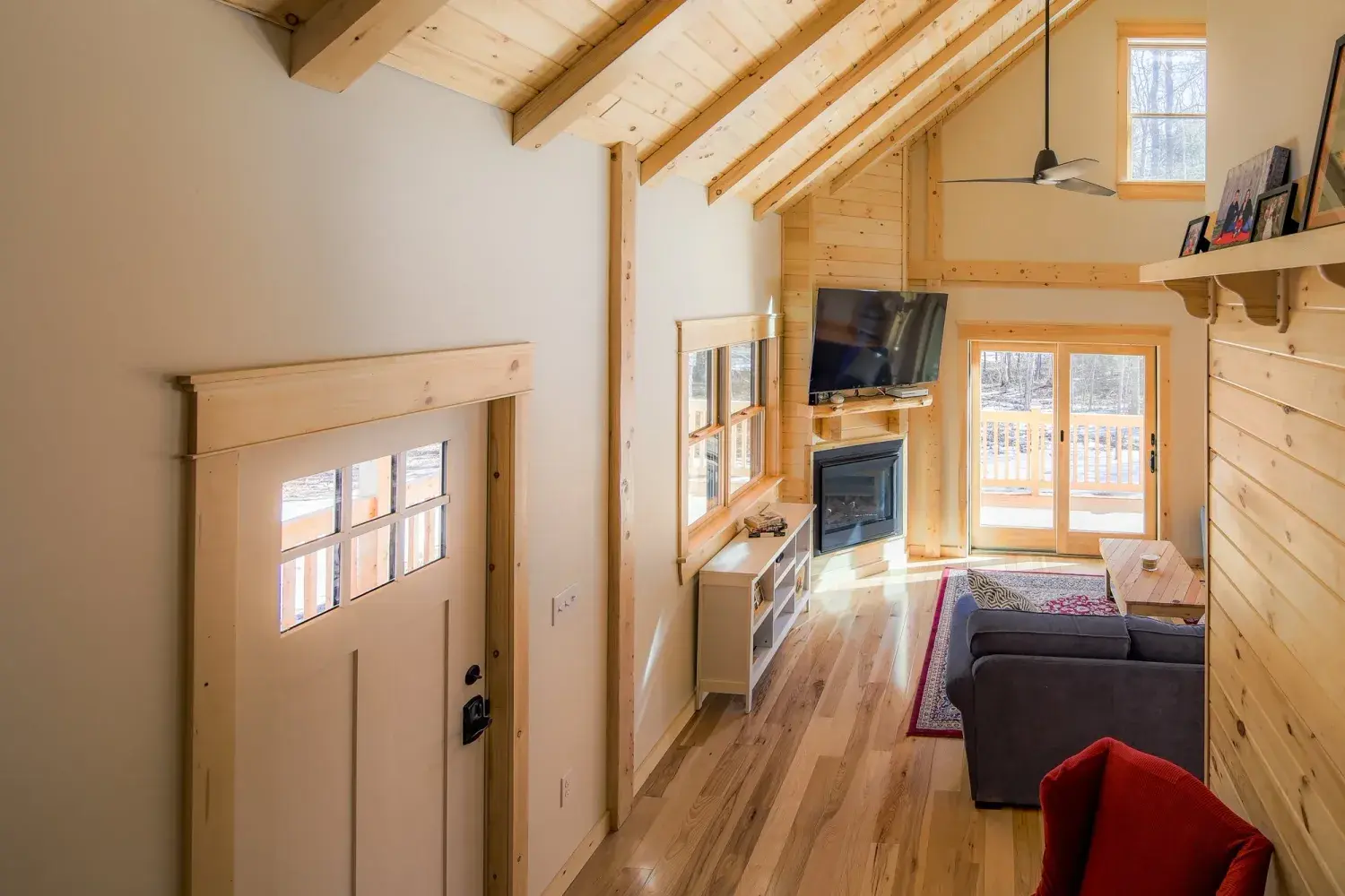 Cedar cottage living area with wood ceiling
