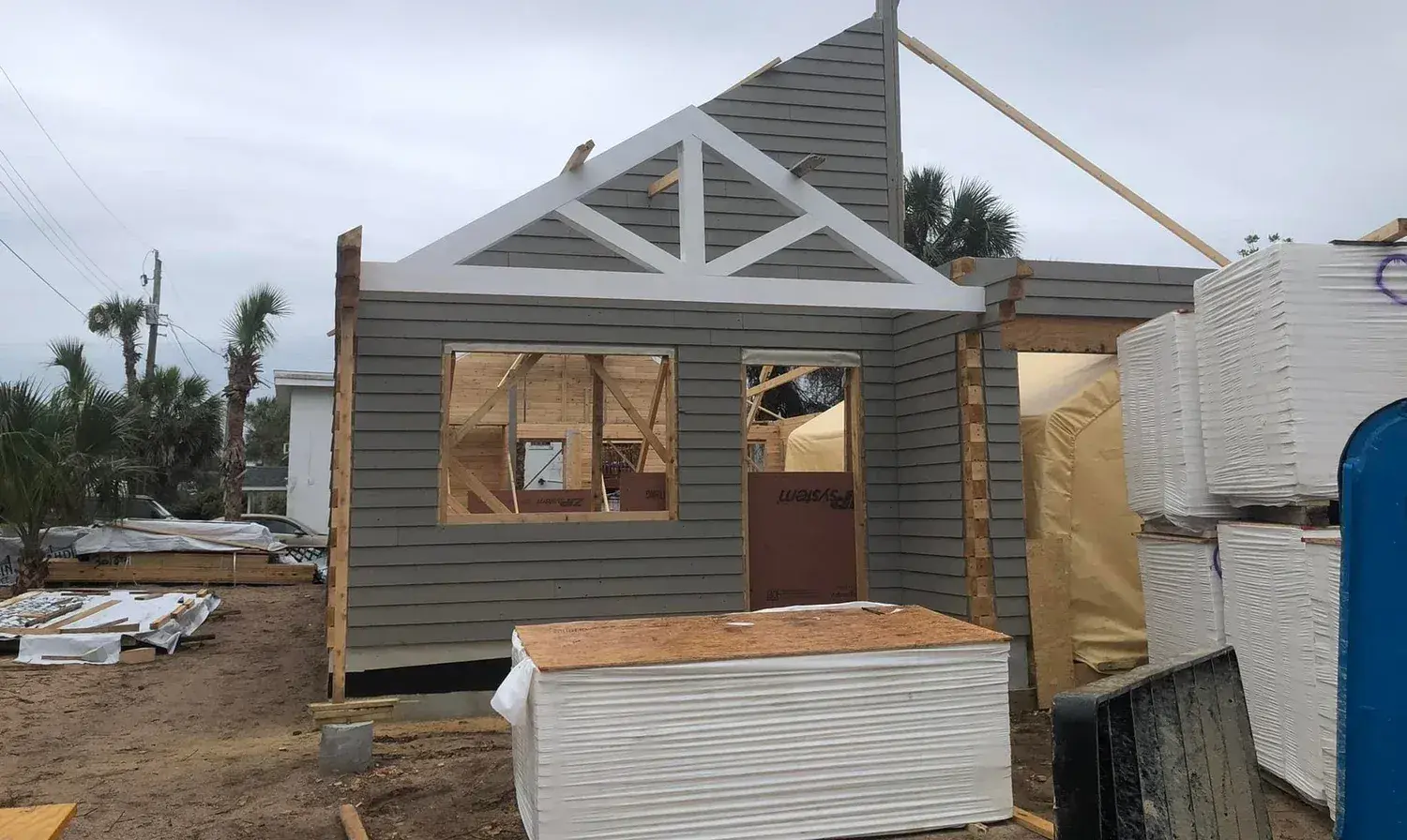 Cedar home front gable during construction