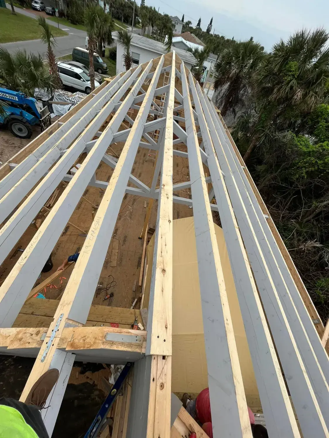 Roof trusses over the cedar walls