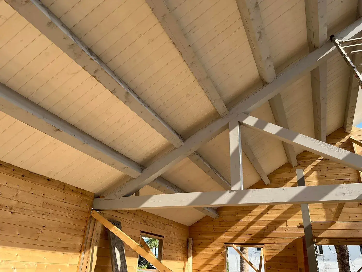 Vaulted ceiling framing inside the cedar home
