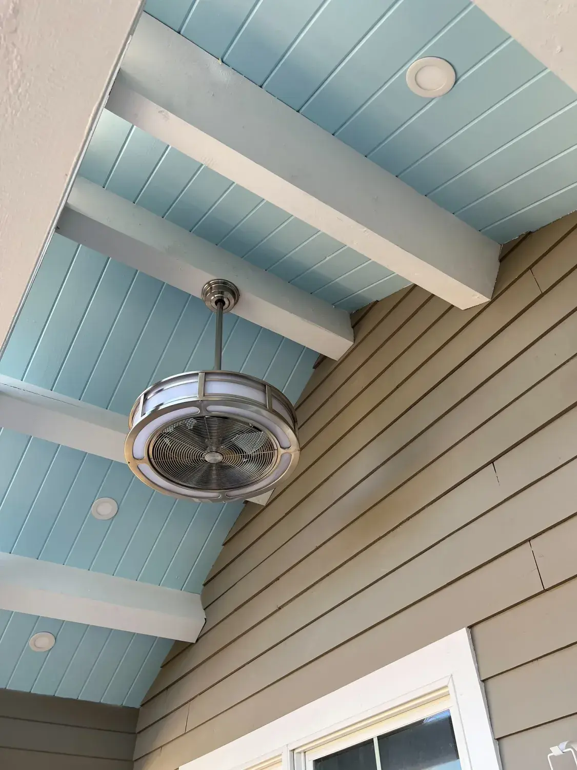 Beadboard porch ceiling with fan