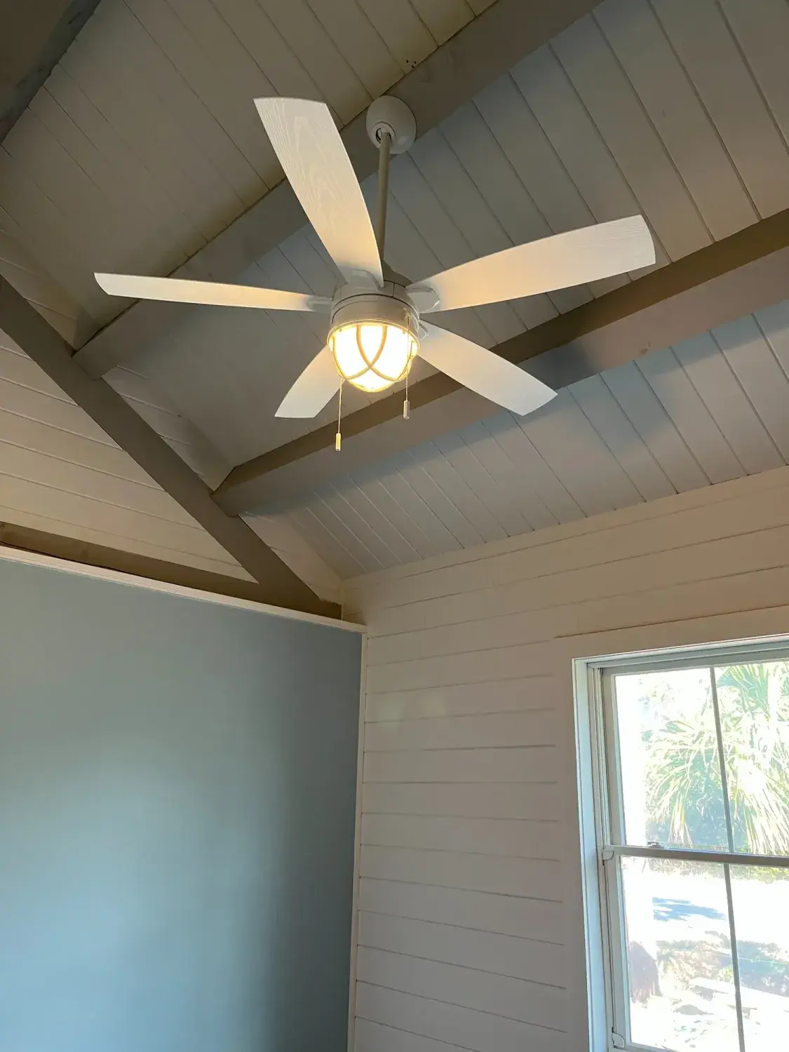 Vaulted ceiling with fan