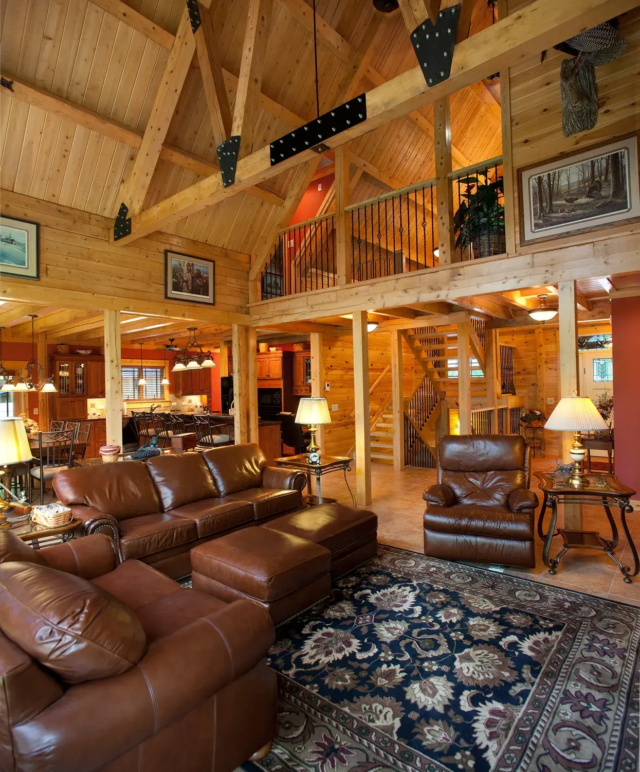 Cedar great room with open loft balcony above