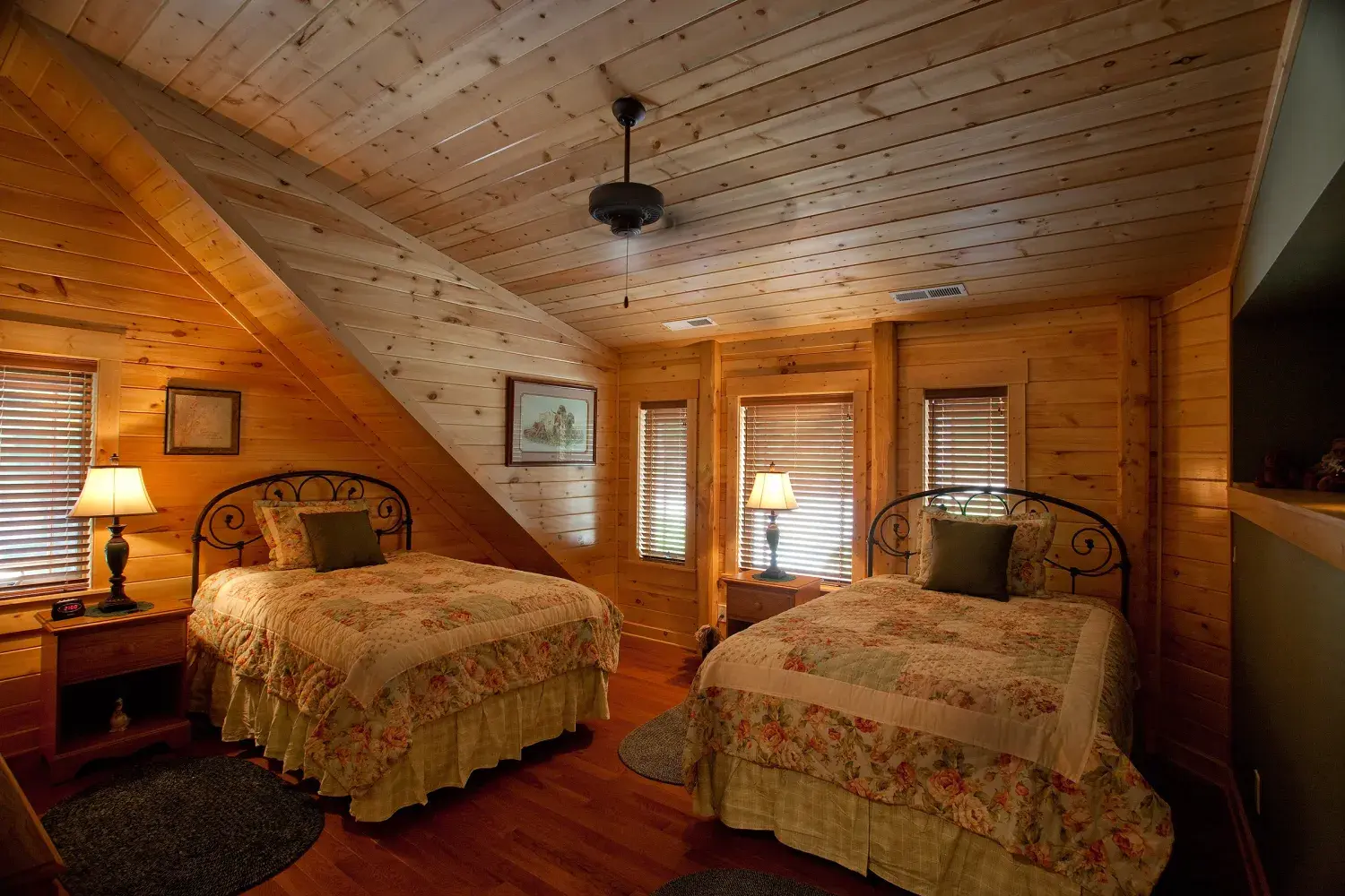Cedar bedroom with sloped ceiling