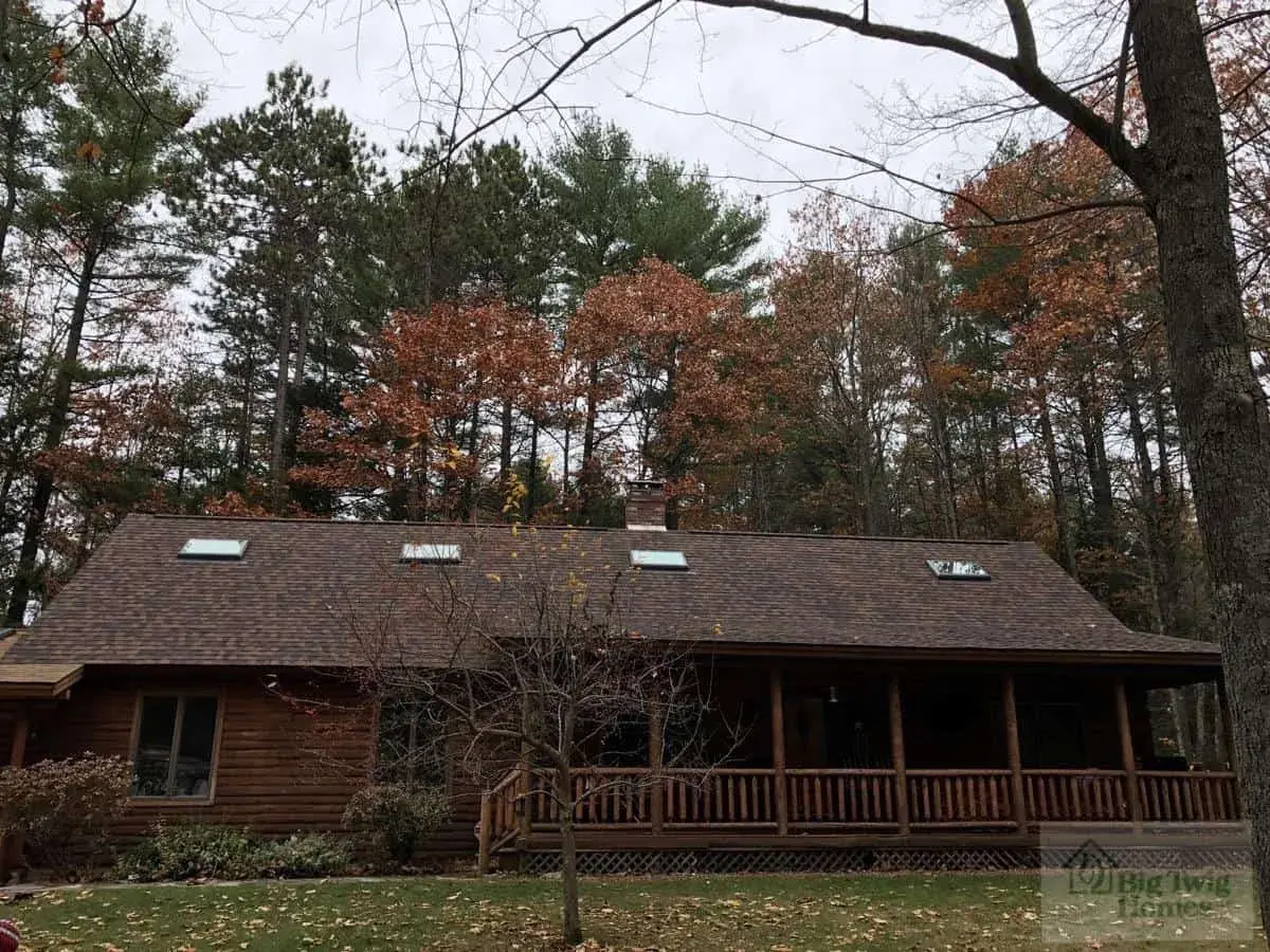 A log home with skylights.