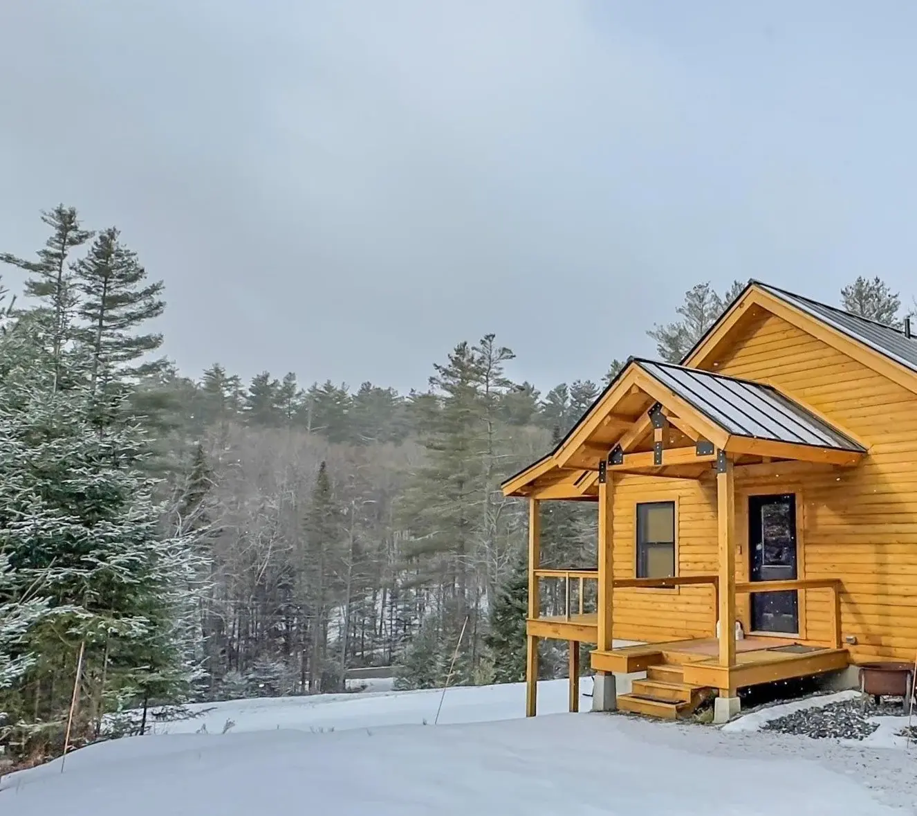 Northern white cedar works well with almost any style. For a more contemporary look, this entry porch features square logs, cable railings, exposed matte black truss plates, and black metal roofing. 