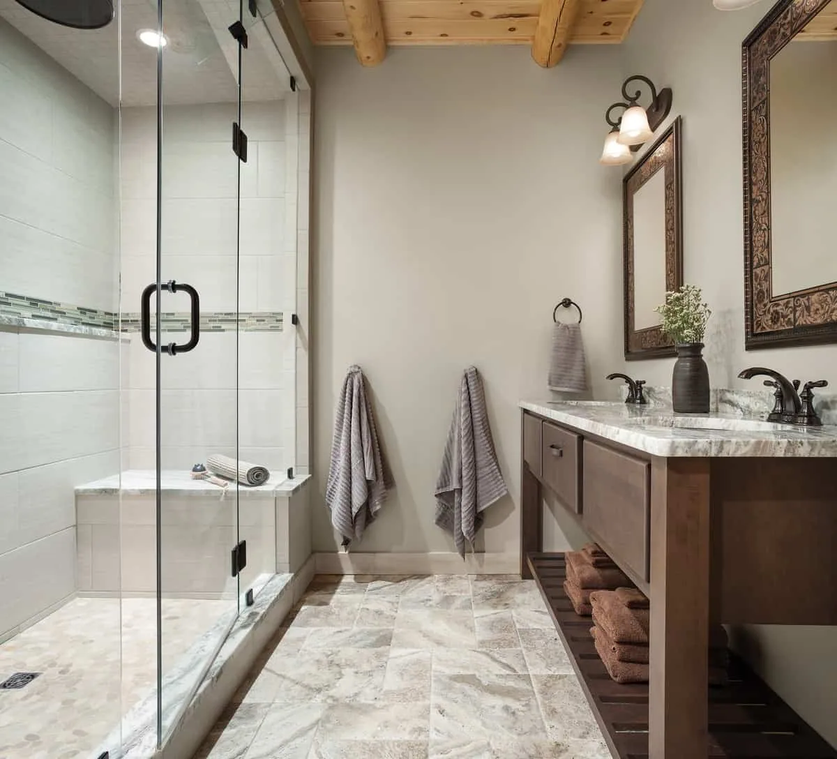Master bath with double vanity and walk in shower
