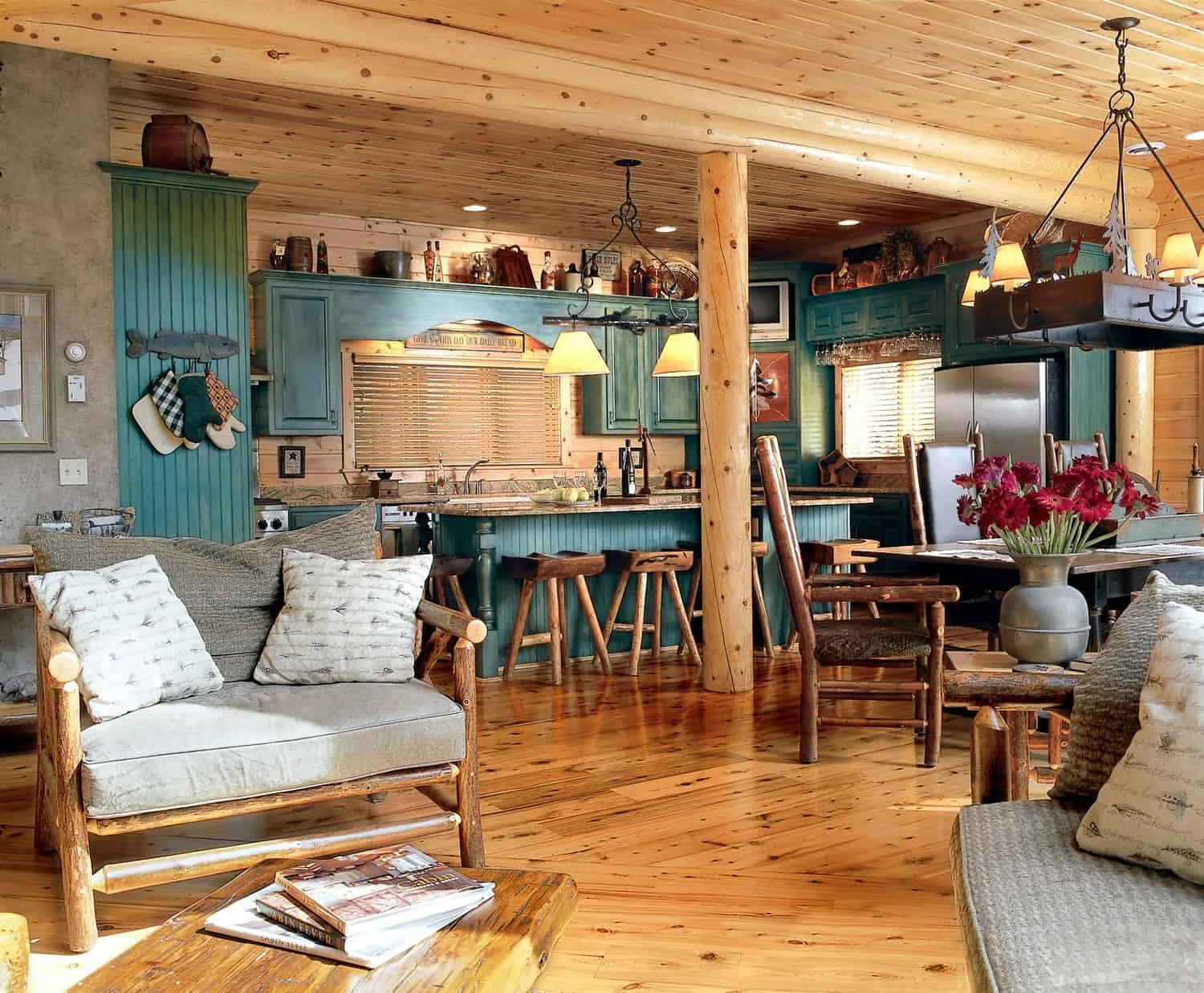 Open floor plan with kitchen, dining room, and partial living room