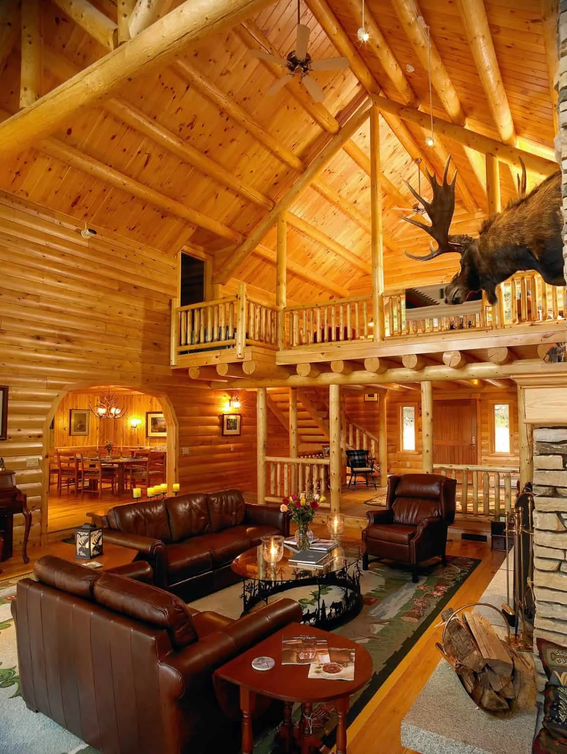 Big Twig Homes LLC. Beautiful cedar log home hugh great room with fireplace. Big Twig Homes LLC. is a dealer of high quality cedar log homes, sell log home packages and log home kits, serving the Southeastern United States including North Carolina, South Carolina, Georgia, and Tennessee.