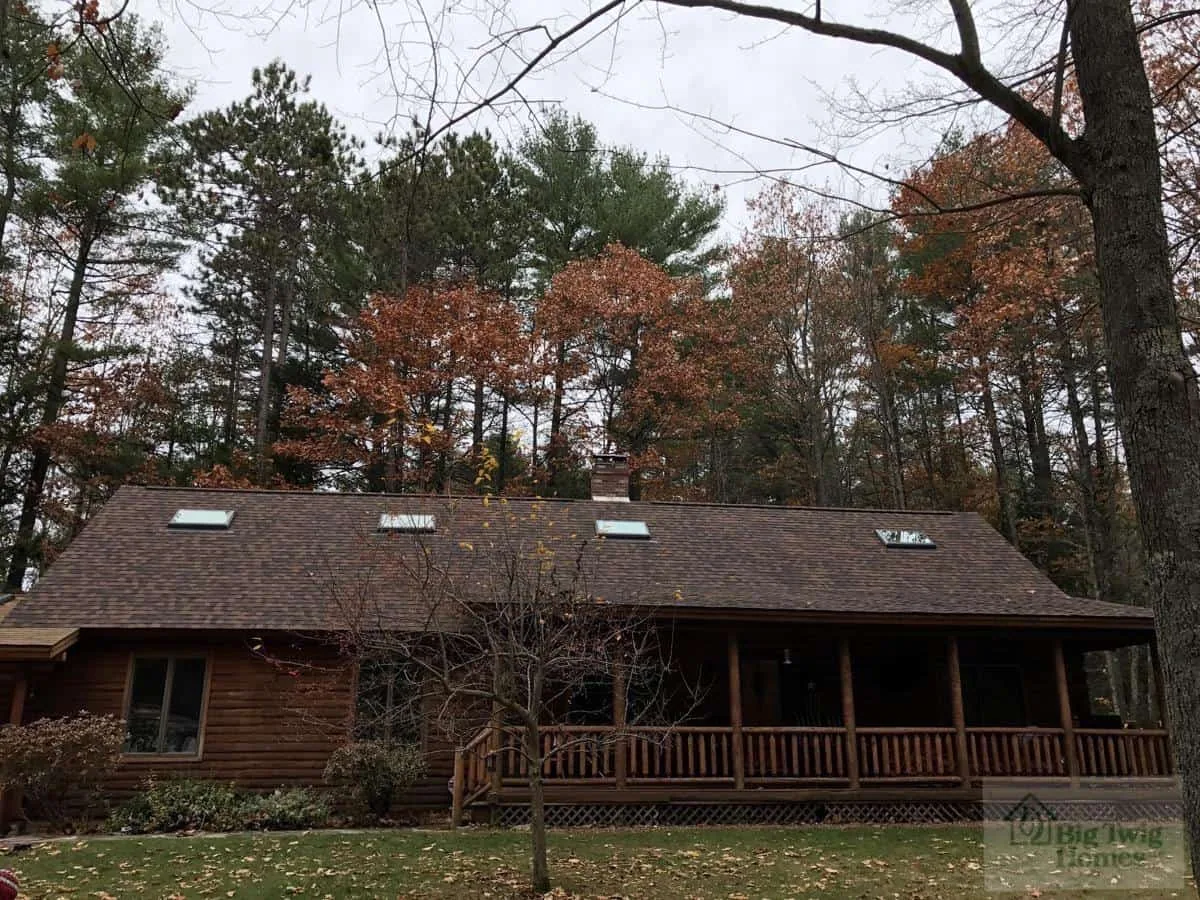A log home with skylights.