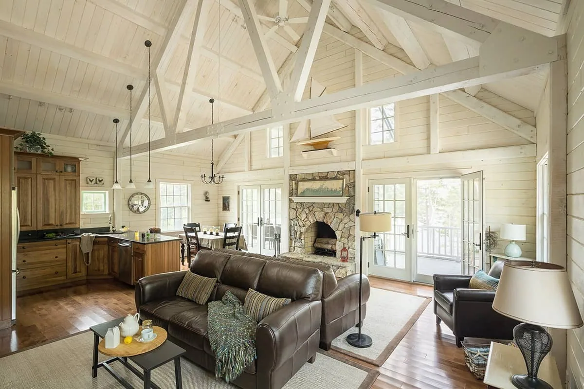 Interior of a modern arborwall solid cedar home from Big Twig Homes log home kit