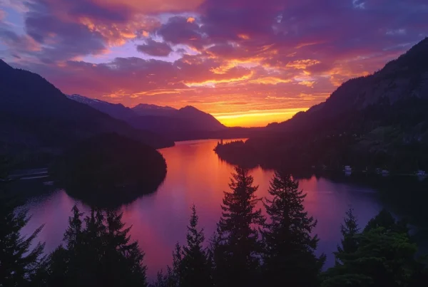 a vibrant sunset paints the sky in hues of orange and purple, casting a warm glow over a serene lake surrounded by silhouetted mountains.