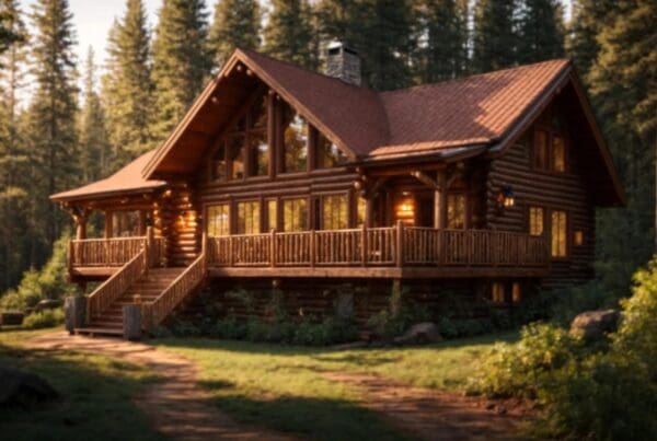 a breathtaking log home nestled in a lush forest, showcasing its rustic charm with large windows and a welcoming porch, bathed in warm, golden sunlight that filters through the trees.