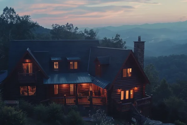 a stunning exterior view of a luxurious log home with an impressive cedar facade, showcasing grand architecture against the backdrop of a twilight sky in the upscale region of asheville, north carolina.