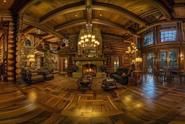 a breathtaking interior of a luxury log home showcases soaring ceilings and sophisticated lodge-style elegance, featuring a grand great room with a stunning stone fireplace and an exquisite gourmet kitchen, all bathed in warm, inviting ambiance.